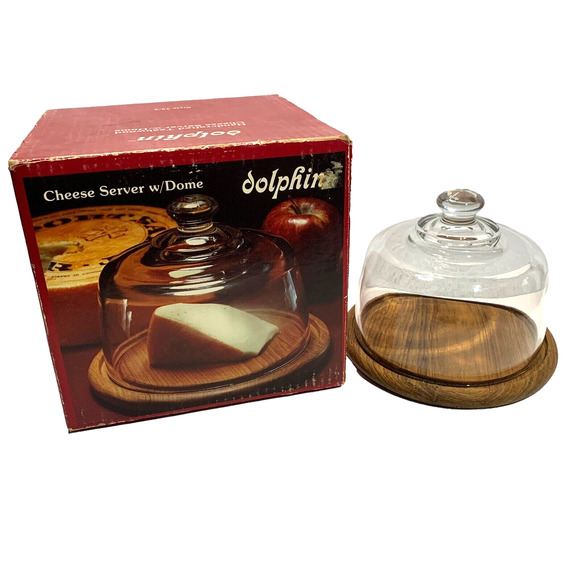 Dolphin Cheese Server with Dome Teakwood Vintage with Box 7.5" Diameter - Picture 1 of 12